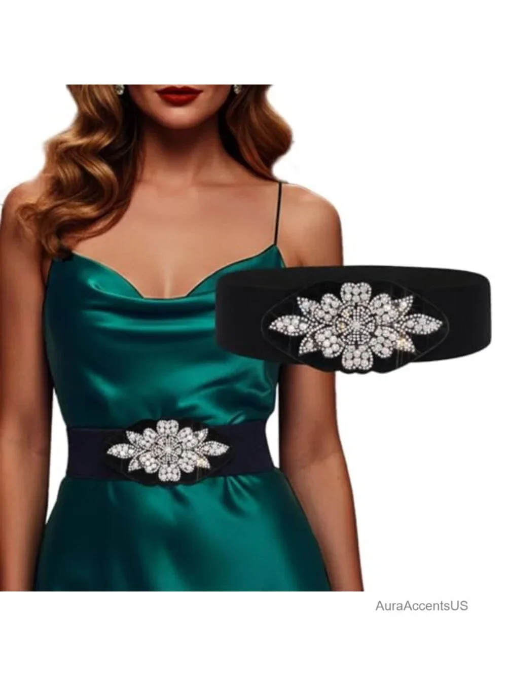 Stretch Rhinestone Flower Crystal Waist Belt for Dress